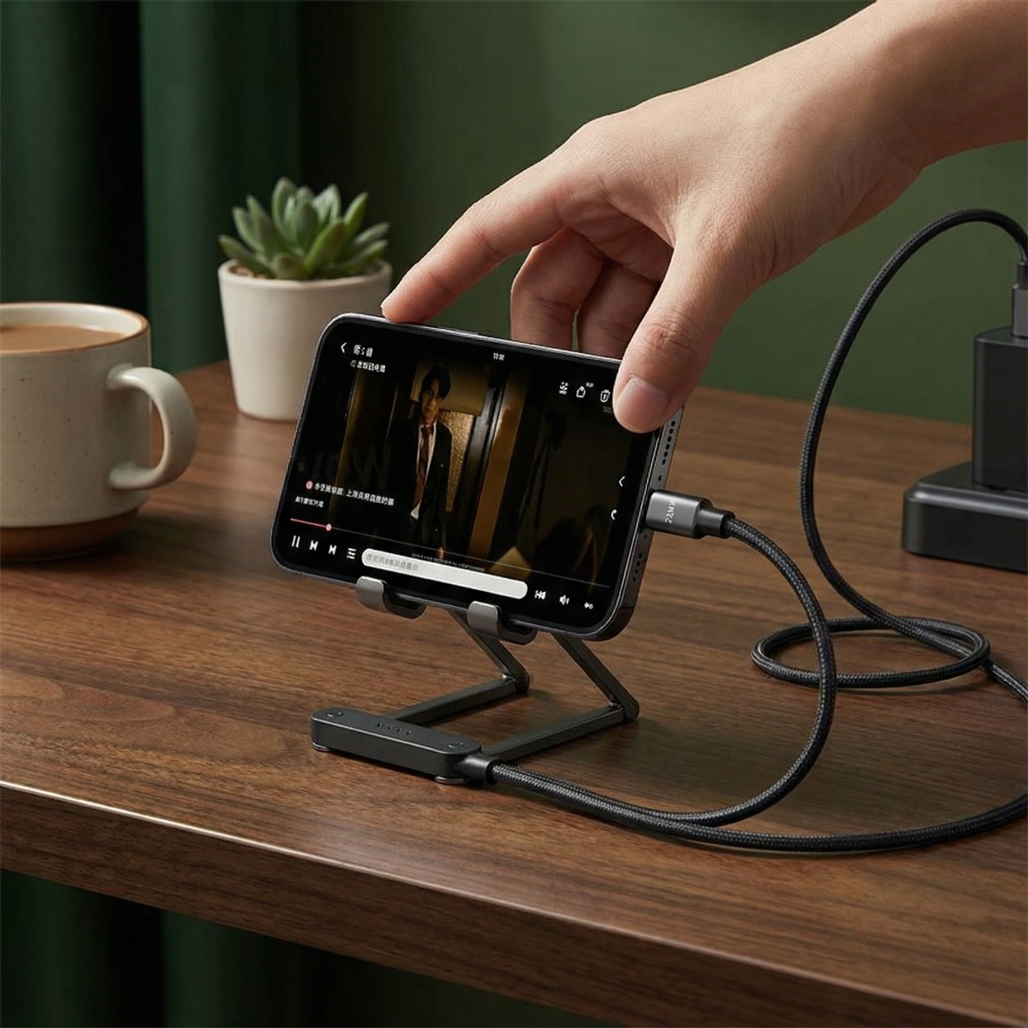 2-i-1 vikbar snabbladdningskabel och telefonställ