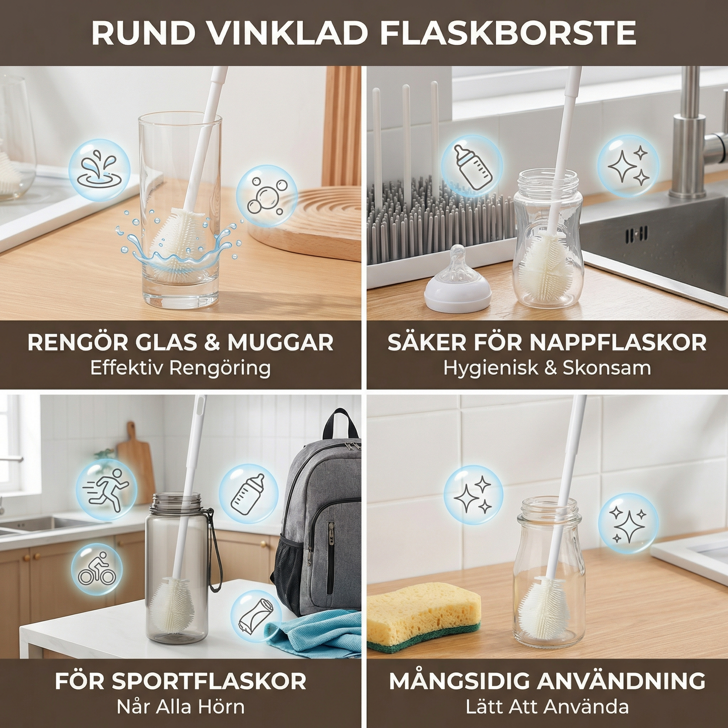 Flaskborste med vinklad form – 3-pack