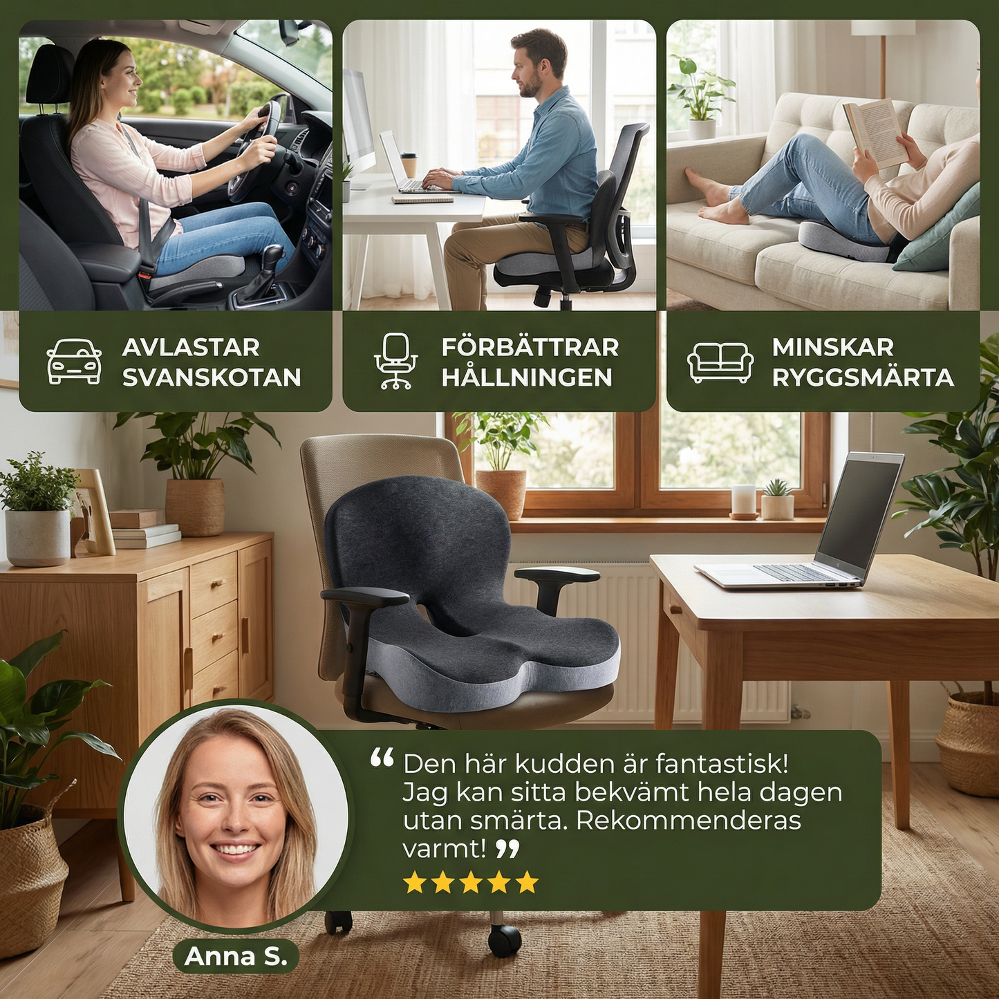 Ortopedisk sittkudde med memoryskum – Avlastning för svanskotan & ryggen