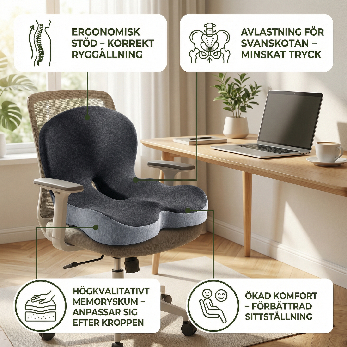 Ortopedisk sittkudde med memoryskum – Avlastning för svanskotan & ryggen