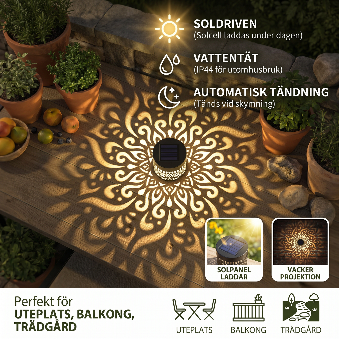 Färgglad soldriven mandala-trädgårdslampa – vattentät LED-väggprojektionslykta för utomhusbruk