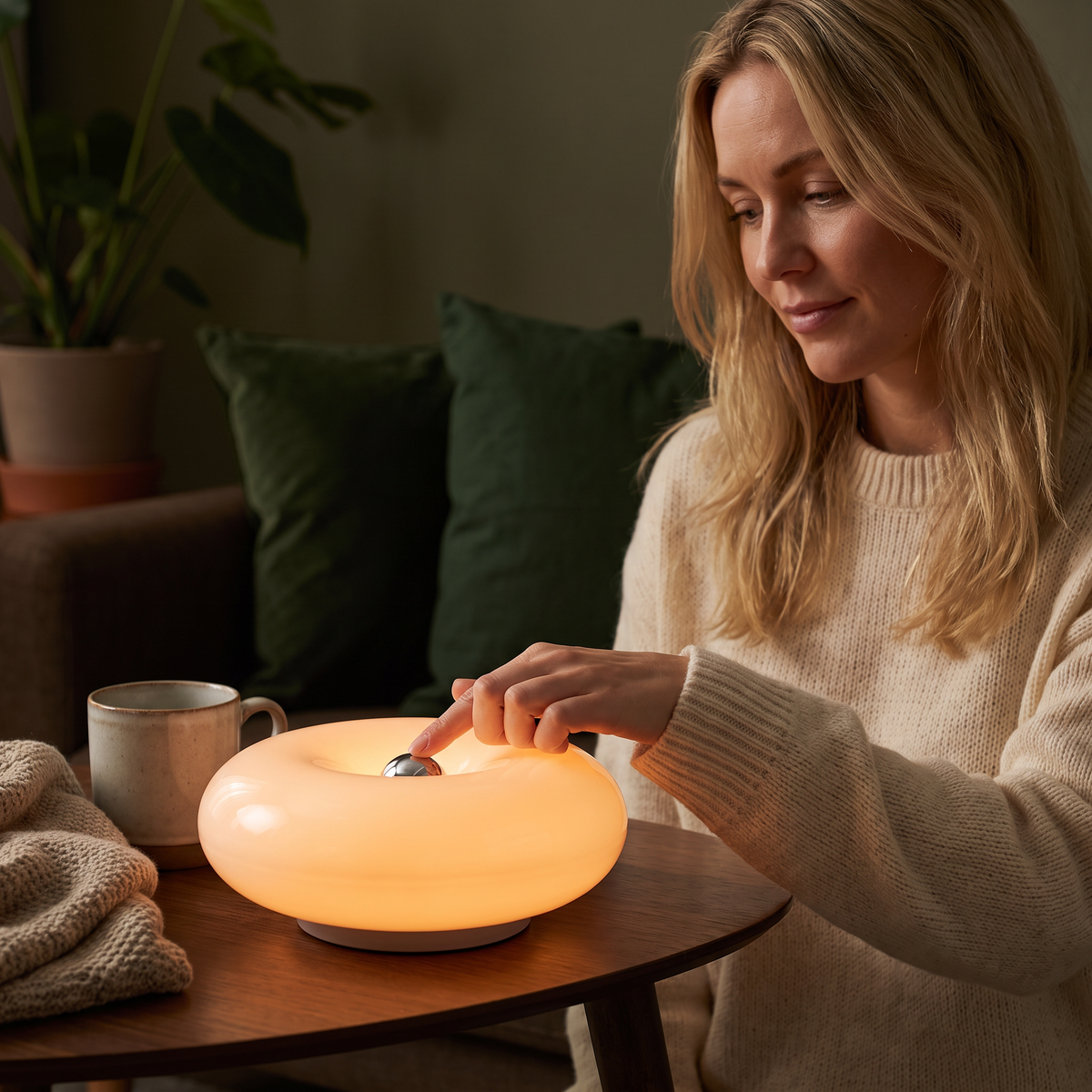 Retro-LED-lampa i donutform med mysigt stämningsljus